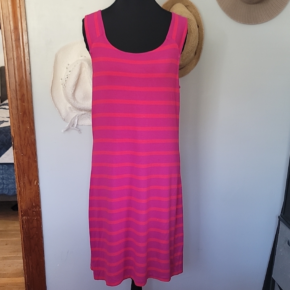 Holly Robinson Peete Vibrant Pink Striped Midi Dress